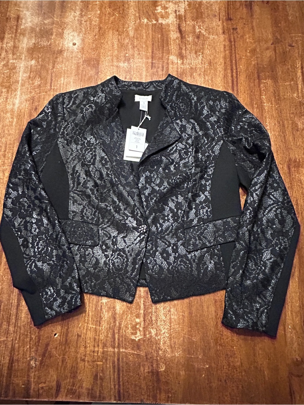 NWT Chico's Black Metallic Lace Rockstar Witchy Whimsigoth Vampy Moto Blazer